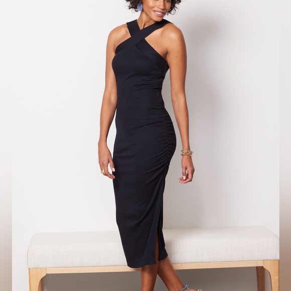 Michael Stars Opaline Black Ribbed Ruched Dress Size MP NWT - Picture 1 of 13